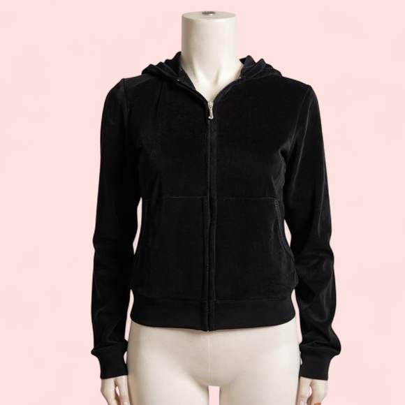 JUICY COUTURE Hoodie Y2K Black Velour RARE Rhinestone Pink Crown Logo Large NWT - Picture 3 of 11